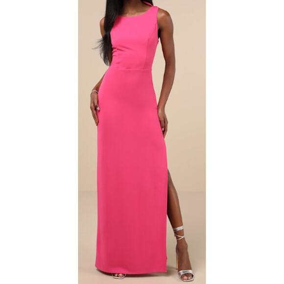LULU'S SZ L Perfected Poise Hot Pink Bow Cutout Column Maxi Dress NEW 0B4 - Picture 1 of 11